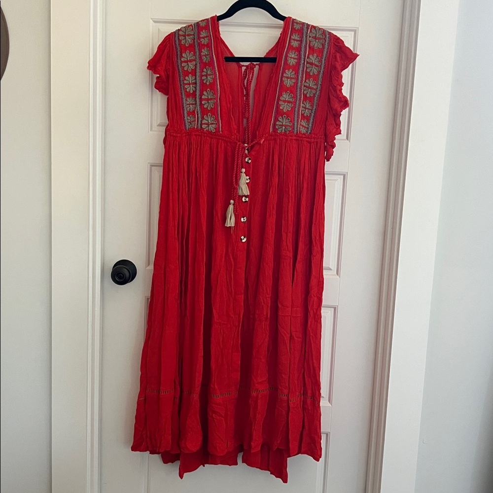 Free People Red Bohemian Maxi Dress with Embroidered Details
